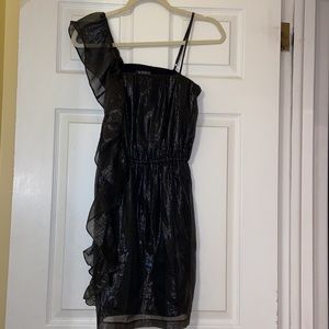 Shimmery little black dress with ruffle detail
